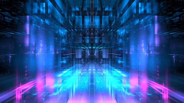 Digitale interieur gebouw Hi tech abstracte datacenter server tonel Business technologie wazig veelhoekige geometrische digitale cyberpunk ruimte kleur licht 3D render