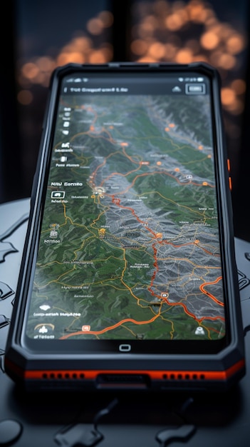 Foto digitale kaarttool smartphone geeft gps-navigator weer op dynamische kaart vertical mobile wallpaper