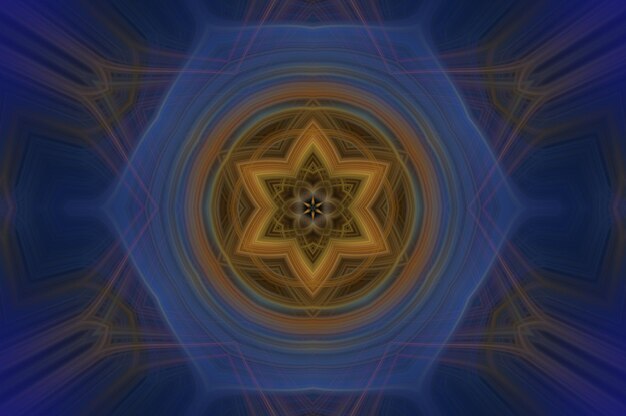 Digitale kunst 3D-illustratie kaleidoscoop of mandala in blauw bruin en geel