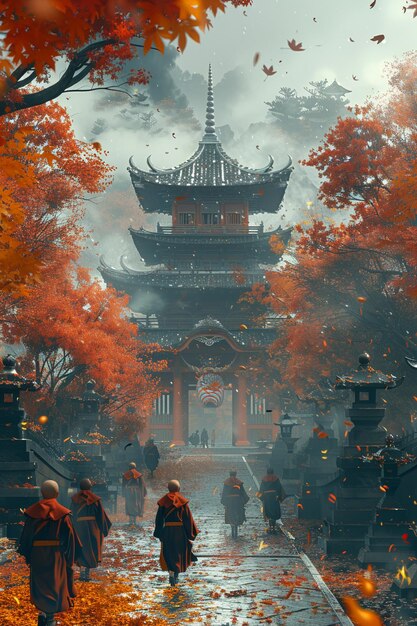 Digitale kunst die een serene tempel in de herfst weergeeft