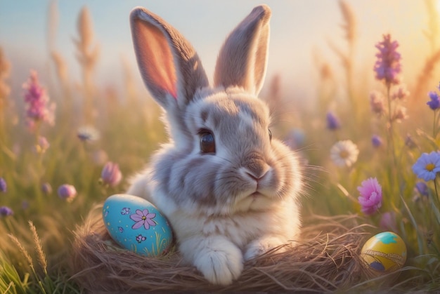 Foto digitale kunst op het thema van pasen met een schattig konijn met kleurrijke paaseieren