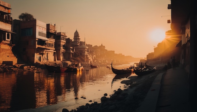 Digitale kunst van een prachtig meer van de rivier de Ganges, India bij zonsopgang, een prachtig landschap als achtergrond
