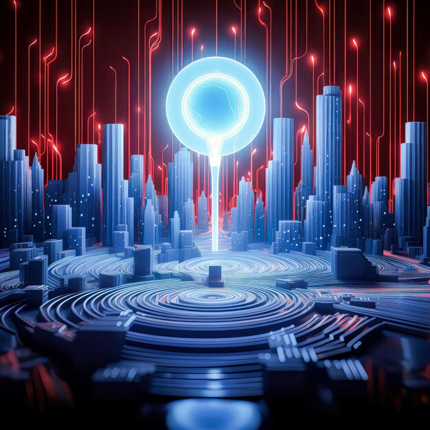 Digitale kunst van futuristische stad met blauw licht