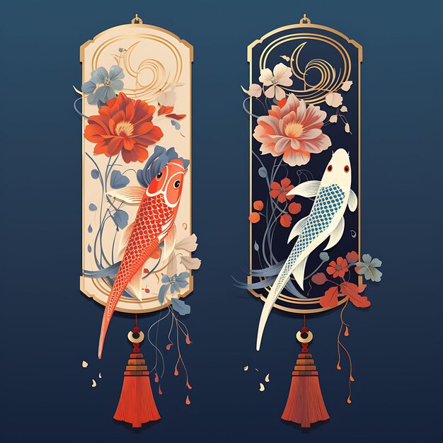 Digitale kunst van Koi Fish Banners genesteld tussen lotusbloemen omringd door T 2D Design Clipart Flat