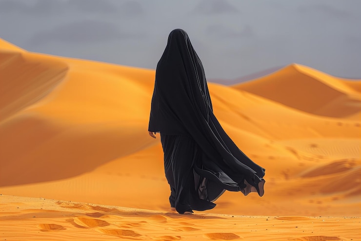 Foto digitale kunstwerk van een mooie vrouw in zwarte abaya die op de woestijnduinen loopt
