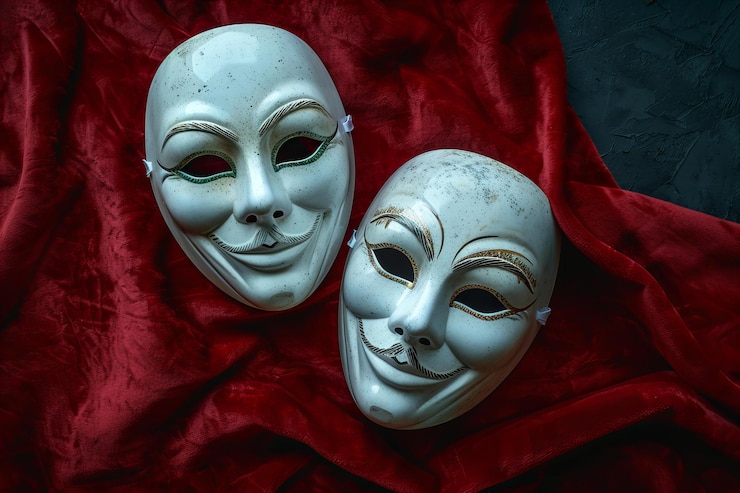 Foto digitale kunstwerk van foto van twee witte komedie- en drama maskers op een rode fluweel achtergrond die symboliseren