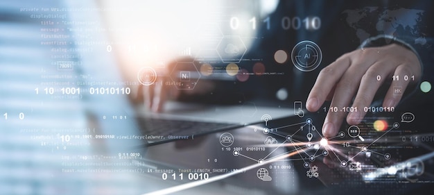 Digitale marketing business intelligence zakenman met behulp van computer wereldwijde internetverbinding gegevensanalyse en management digitale technologie data science bedrijfsplan en strategie