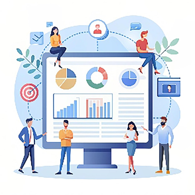 Digitale marketingconcept Landing page sjabloon Zakelijke analyse targeting management Sociale netwerk en media communicatie SEO SEM Vector illustratie op witte achtergrond