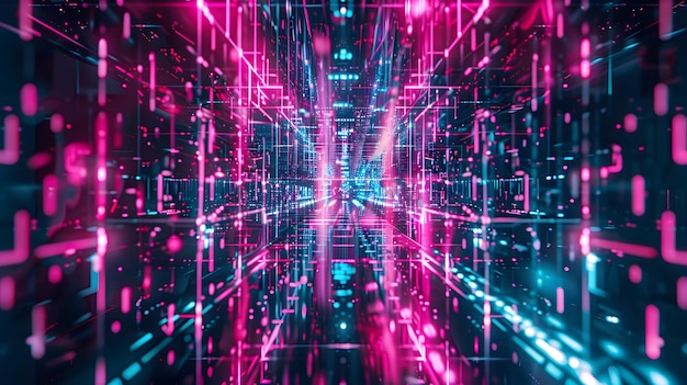 Digitale matrix hologram achtergrond levendige cyan en magenta circuits in beweging