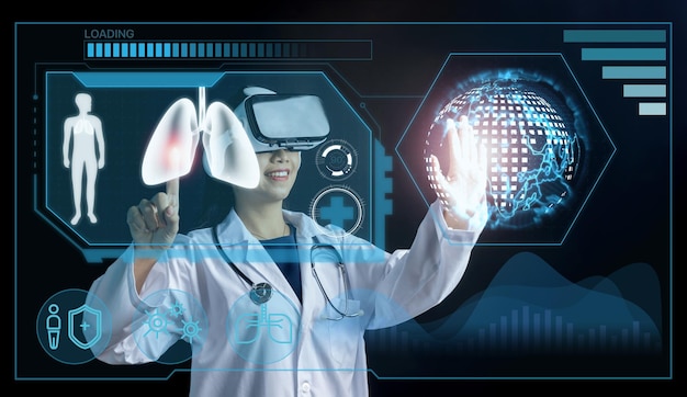 Digitale medische gezondheid, futuristische en wereldwijde metaverse-technologie, arts met de beste VR-headsetapparatuur om interne organenpatiënt op het scherm te controleren, toekomstig innovatieconcept