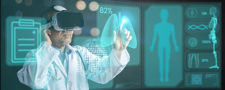 Digitale medische gezondheid, futuristische en wereldwijde metaverse-technologie, arts met de beste VR-headsetapparatuur om interne organenpatiënt op het scherm te controleren, toekomstig innovatieconcept