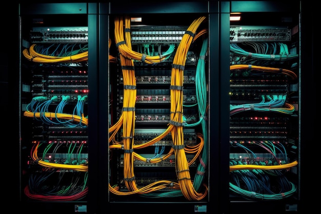 Digitale Nexus Vibrant kabels en gloeilampen omvatten een server in een donkere ruimte die het ingewikkelde netwerk van moderne digitale infrastructuur toont