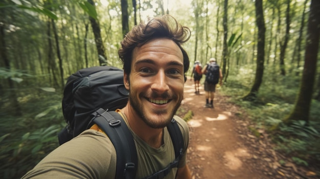 Digitale nomad Foto vlogger Reisblogger trekking en filmen in bestemmingswoud selfie nemen