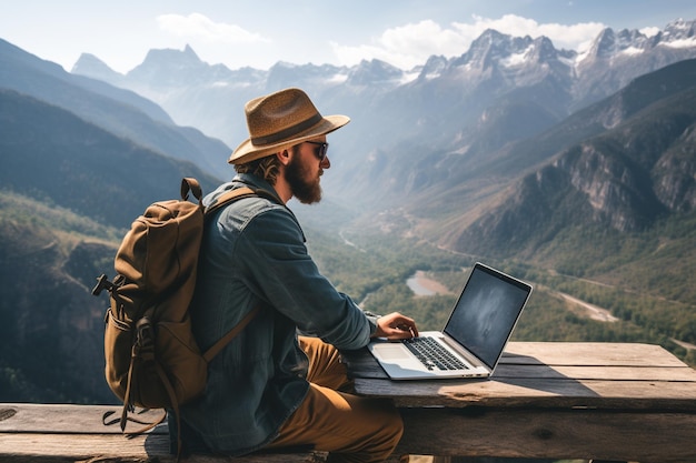 Foto digitale nomade die werkt op een laptop met een adembenemend uitzicht op de bergen, gemaakt met generatieve ai