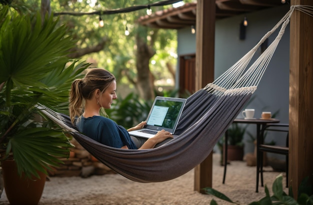Digitale nomade een vrouw die aan haar laptop werkt in een hangmat buiten