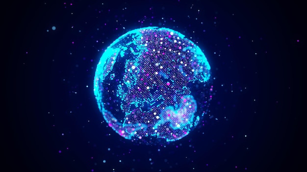 Digitale planeet aarde met deeltjes in cyberspace De stroom van wetenschappelijke gegevens in het wereldwijde netwerk Wetenschap en technologie futuristische achtergrond Metaverse concept 3D-rendering