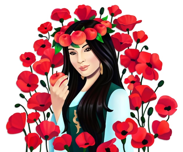 Digitale portret Aziatische vrouw met appels en papaverbloemen