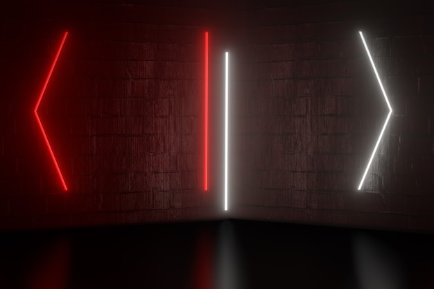 Digitale productachtergrond. Grafisch rood wit licht reflecteert op donkerrode bakstenen achtergrond. 3D illustratie weergave.