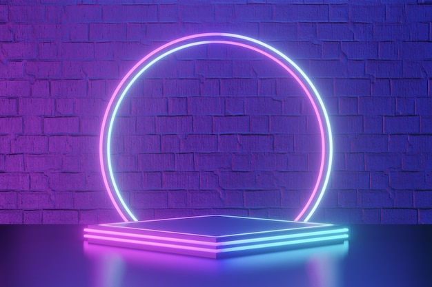 Digitale productachtergrond. Zwart blokpodium met geleide lichte ringplaats op donkerblauwe roze bakstenenachtergrond. 3D illustratie weergave.