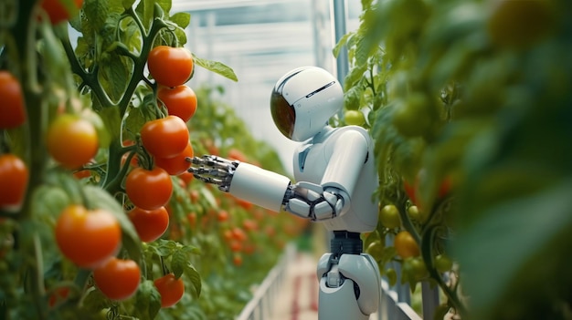 Digitale robots die zich bezighouden met tomaten in de kas