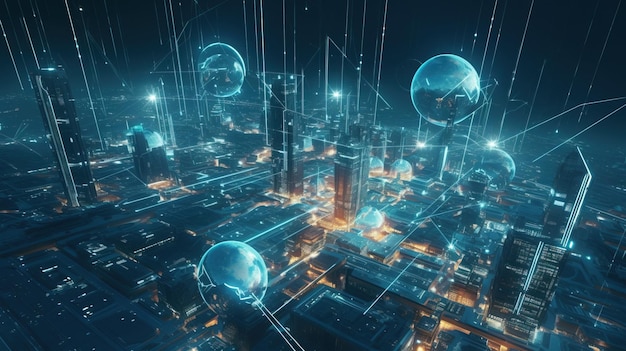 Digitale samenleving van de toekomst Moderne technologische stad Communicatie van kunstmatige intelligentie AI gegenereerd