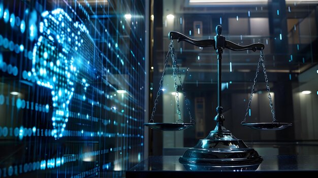 Digitale schalen van justitie met gegevensstromen in een futuristische kantooromgeving