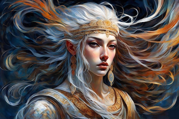 Digitale schilderij van een mooie vrouw met een gouden kroon op haar hoofd
