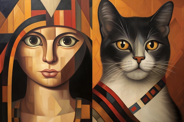 Digitale schilderij van een vrouw en een kat in een collage