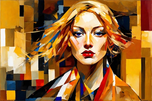 Digitale schilderij van het gezicht van een vrouw gecombineerd met een schilderij op doek