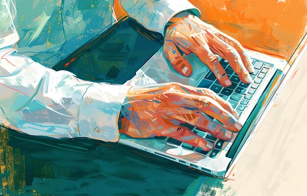 Foto digitale schilderkunst van handen typen op laptop moderne technologie op het werk kantoorprofessional met behulp van computer levendige artistieke stijl illustratie ai