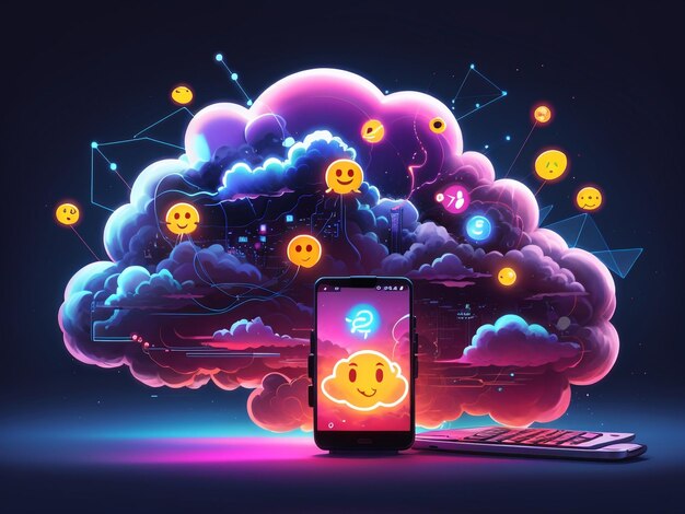 Foto digitale storm-technologie mobiele telefoon en emoji cloud komen samen in een levendig scherm