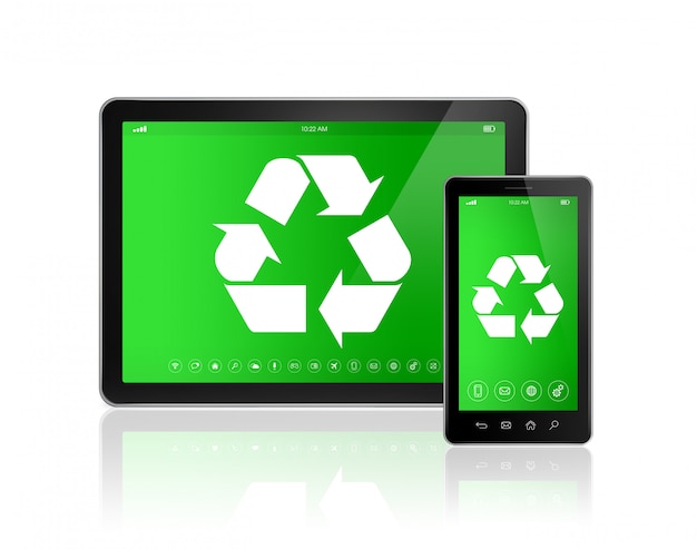 Digitale tablet-pc met een recyclingssymbool op het scherm.