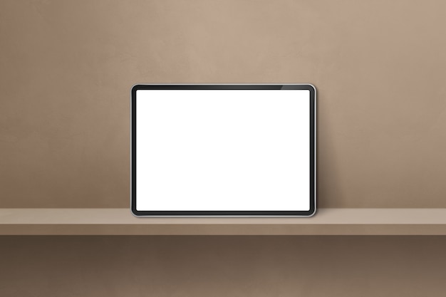Digitale tablet-pc op bruine wandplank. Horizontale banner als achtergrond. 3D Illustratie