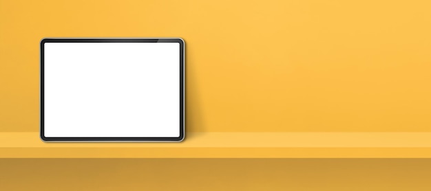 Digitale tablet-pc op gele wandplank Achtergrondbanner