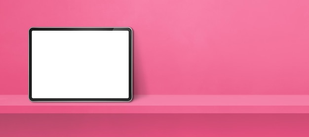 Digitale tablet-pc op roze wandplank Achtergrondbanner