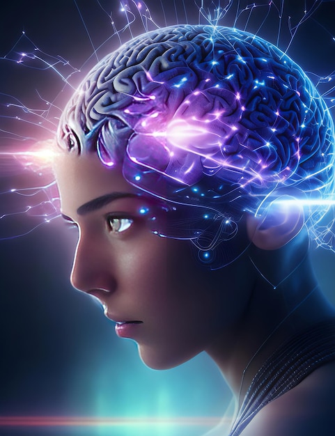 digitale technologie menselijk brein met blauwe achtergrondverlichtingseffecten en technologische accessoiresai