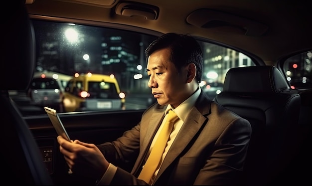 Digitale technologie op het werk Aziatische zakenman multitasking in de auto met tablet Creëren met behulp van generatieve AI-tools