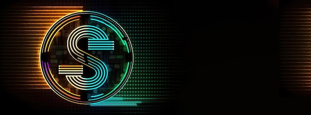 Digitale technologische banner met neonsymbool van dollar en kopieer ruimte