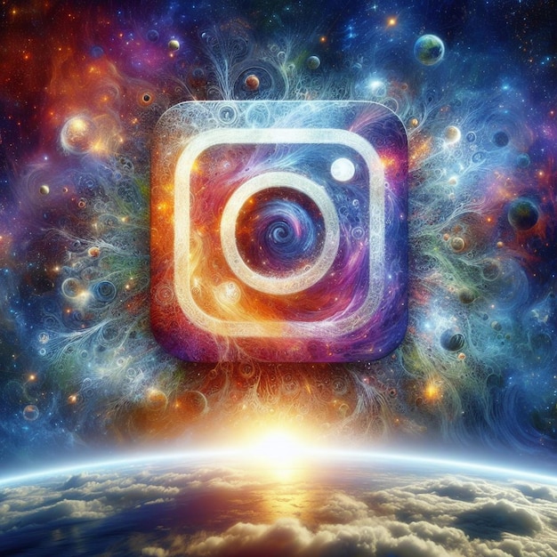 Digitale transcendentie Instagram-logo als een kosmisch portaal te midden van wervelende sterrenstelsels en sterren