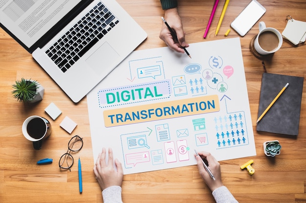 Digitale transformatie of zakelijke online concepten met werkende mensen