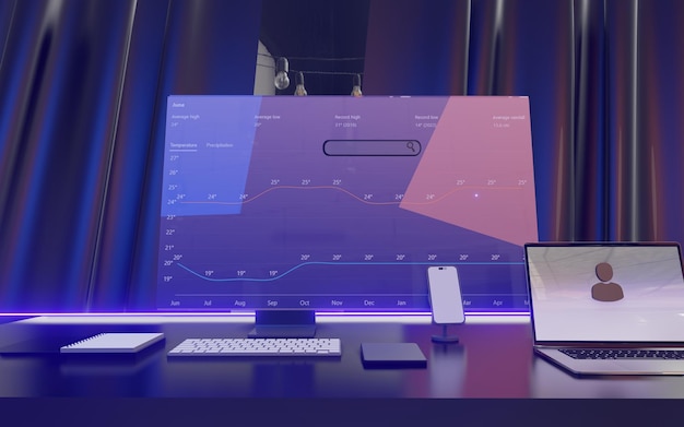 Digitale trends en weersinformatie Illustratie van laptops, mobiele telefoons en computers op Uit