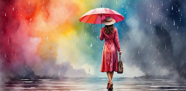 Digitale waterverf schilderij van Office Lady in de regen met rode jurk