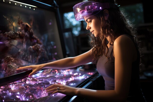 digitale wereld technologie vrouw met virtual reality bril die augmented reality spel speelt futuristische levensstijl