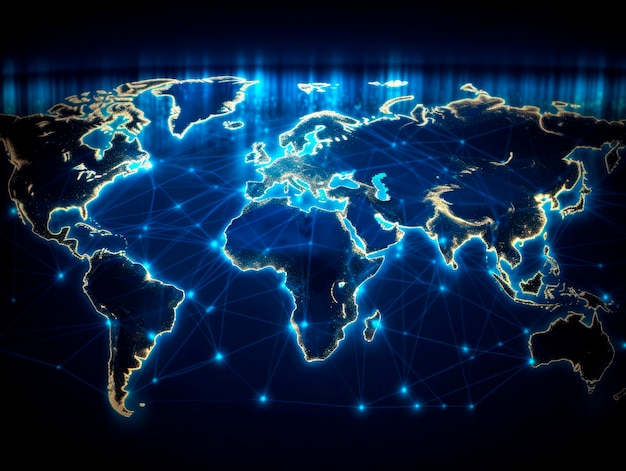 Digitale wereldkaart achtergrond aarde netwerk Wereldkaart in neonlichtblauw scherm wereldwijde verbinding en telecommunicatietechnologie Ai generatieve illustratie