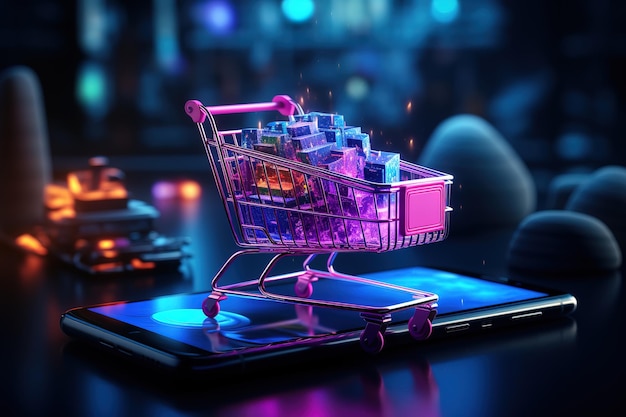 Digitale winkelervaring een winkelwagentje gevuld met gloeiende kleurrijke virtuele goederen die de