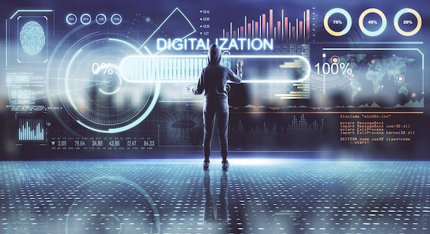 Digitalization concept with human back working in virtual\
reality room with stats data indicators on digital screen