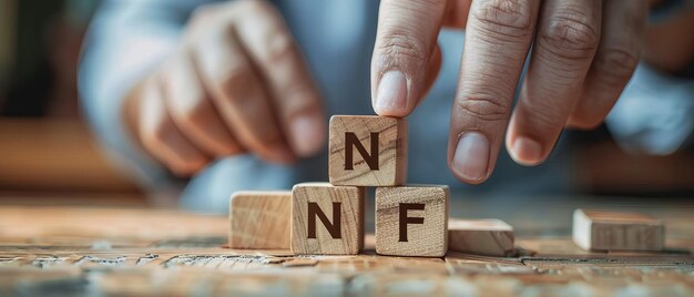 デジタルで刻まれた NFT 文字を握る手が木製のブロックに刻まれた 暗号通貨の奇跡