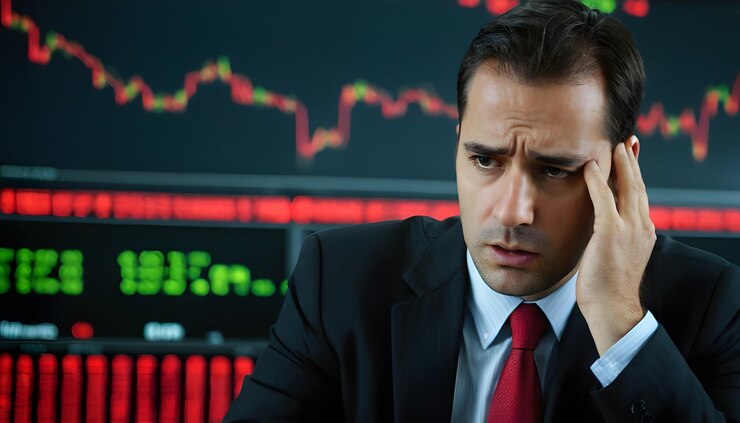 Digitally enhanced shot of a handsome businessman working in the office superimposed over a graph sh