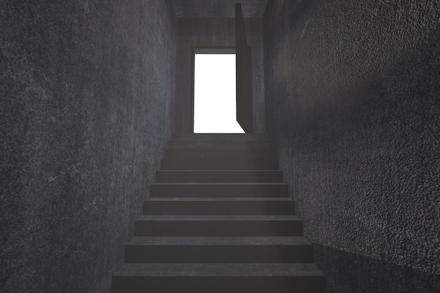 열린 문으로 이어지는 디지털로 생성 된 회색 계단