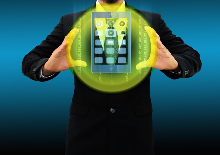 फोटो digitally generated image of businessman holding yellow circle while standing against blue background